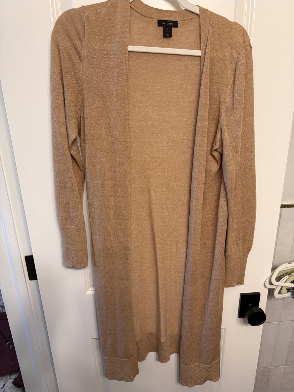 Halogen Open-Front Long Cardigan in Beige